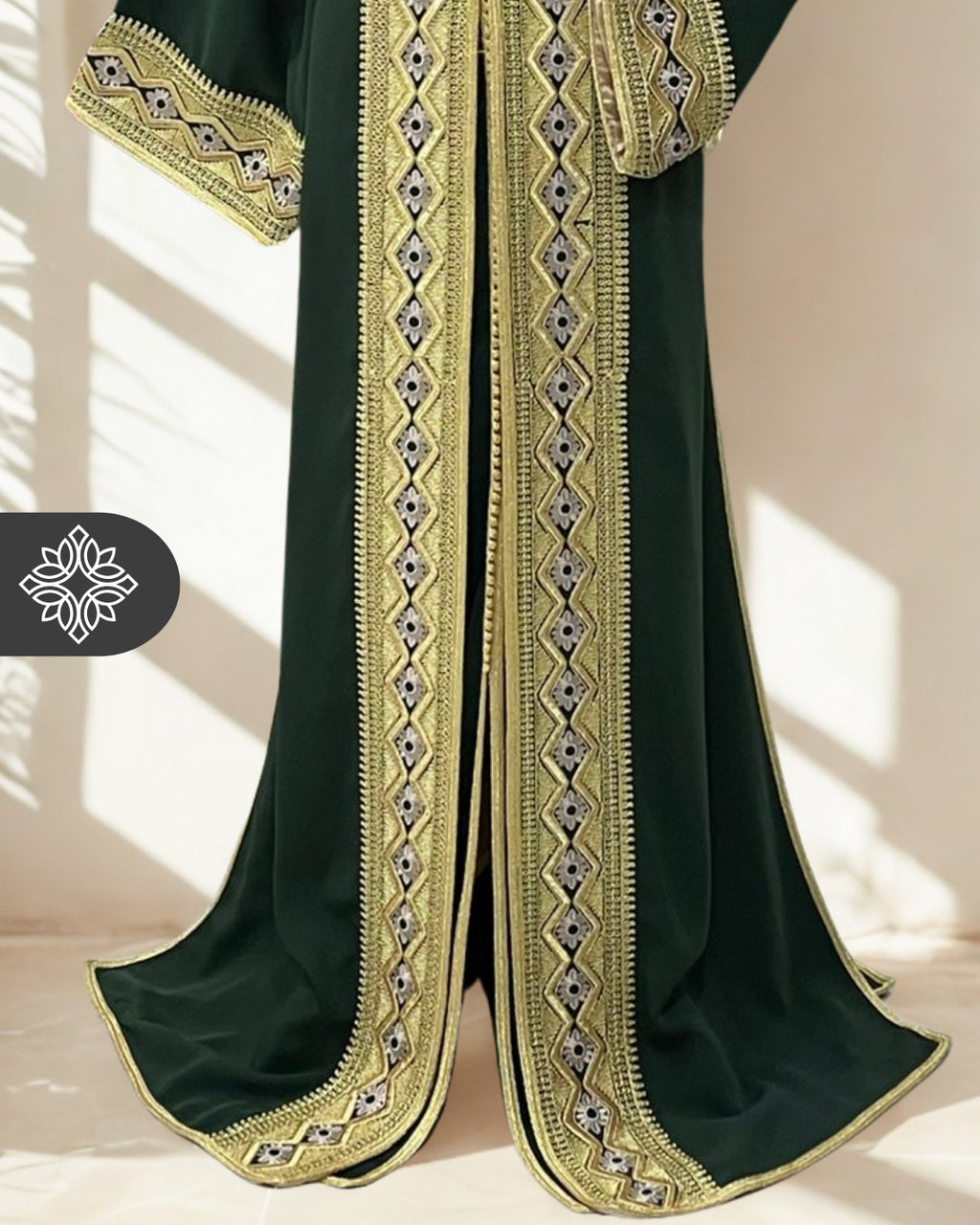 Amber Brown Moroccan Two-Piece Kaftan, Takchita Gold Embroidered