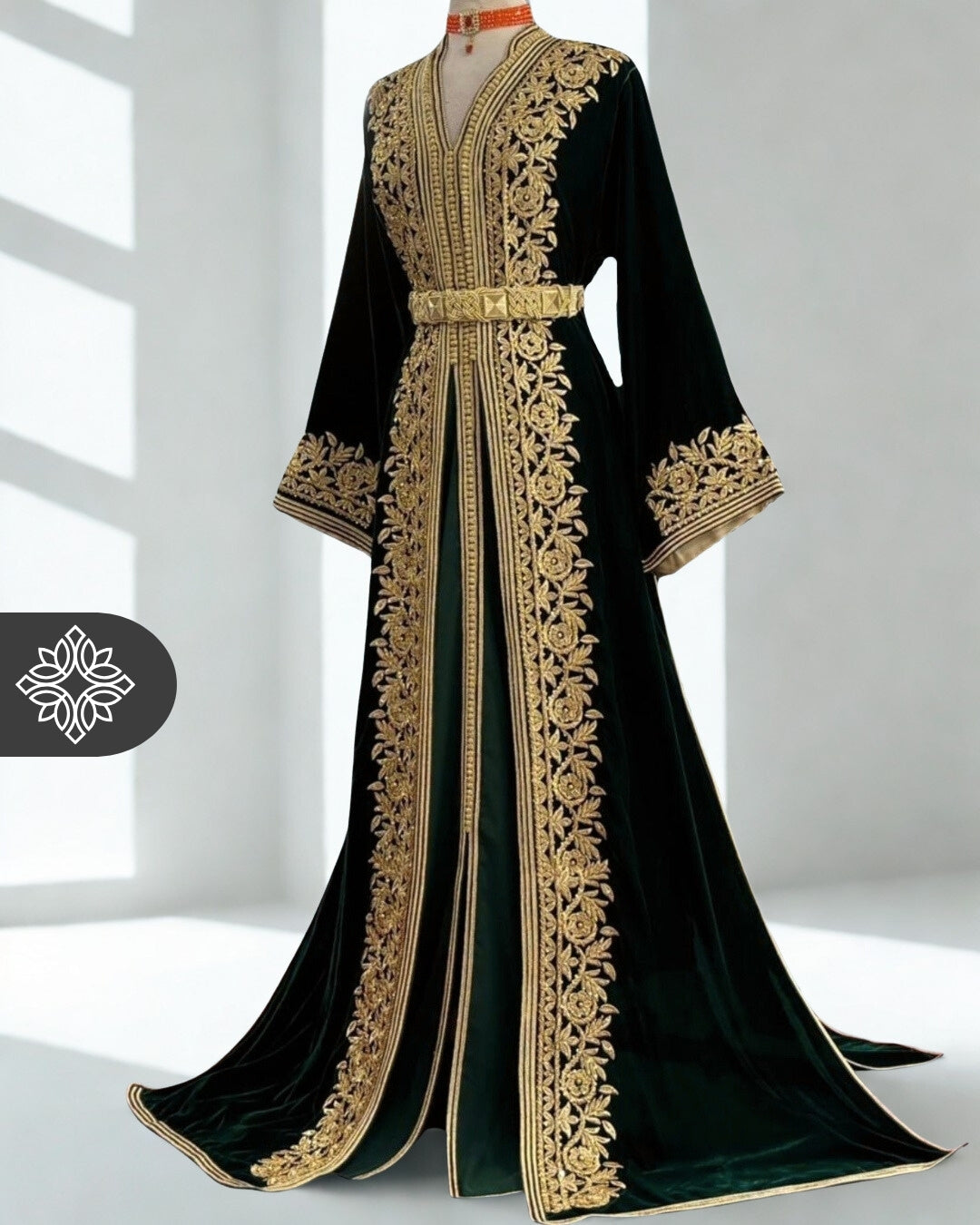 Emerald Green Moroccan Two-Piece Takchita | Golden Tonal Embroidery ...