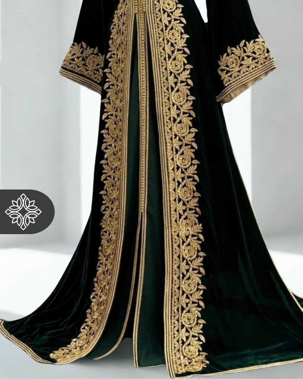 Emerald Green Moroccan Two-Piece Takchita | Golden Tonal Embroidery ...