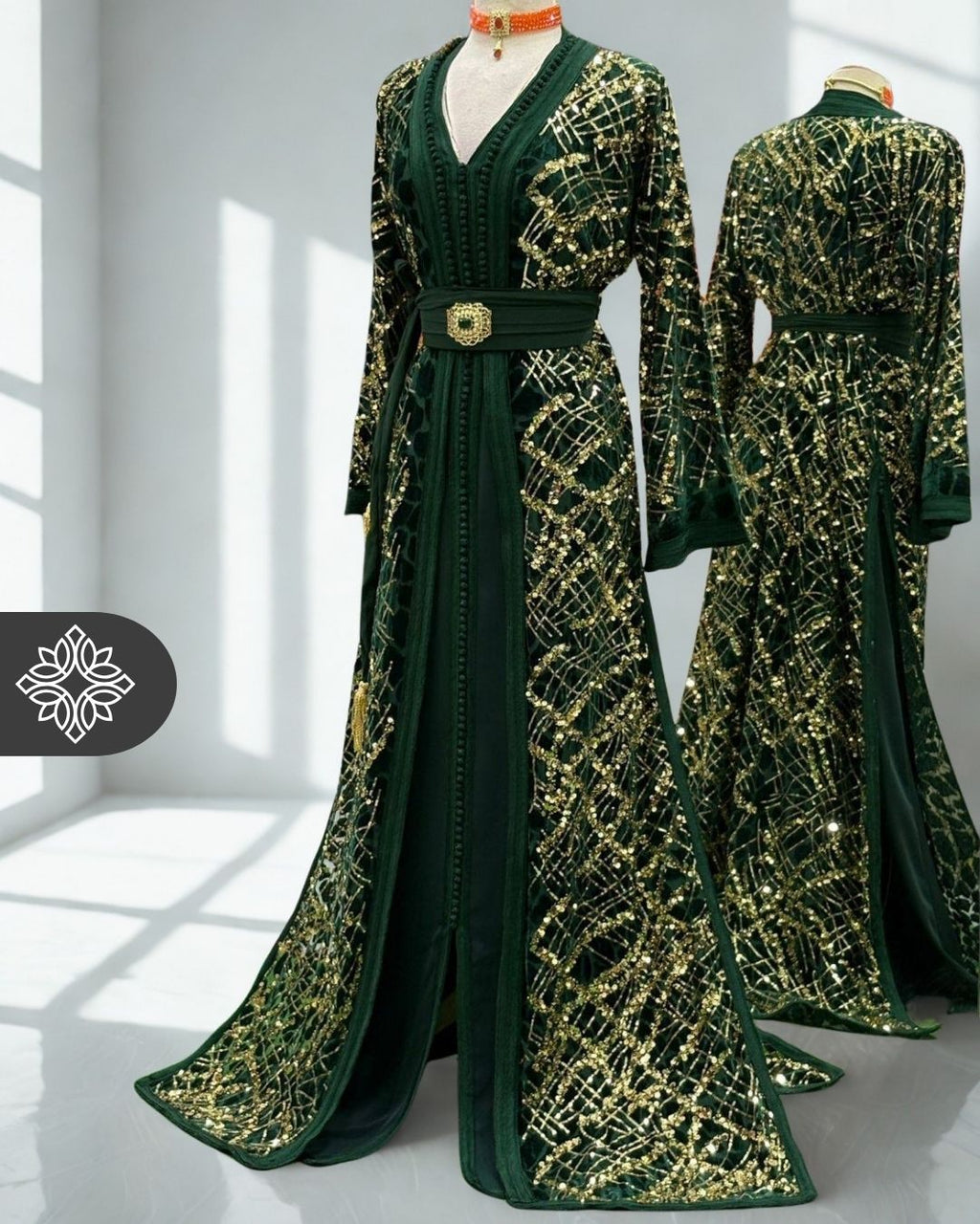 Emerald Green Two-Piece Kaftan | Gold Lattice Embroidery | Moroccan Takchita Couture