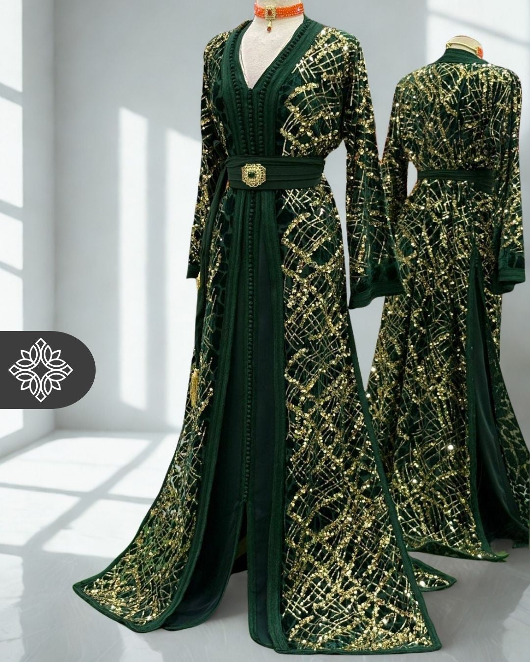 Emerald Green Two-Piece Kaftan | Gold Lattice Embroidery | Moroccan Takchita Couture