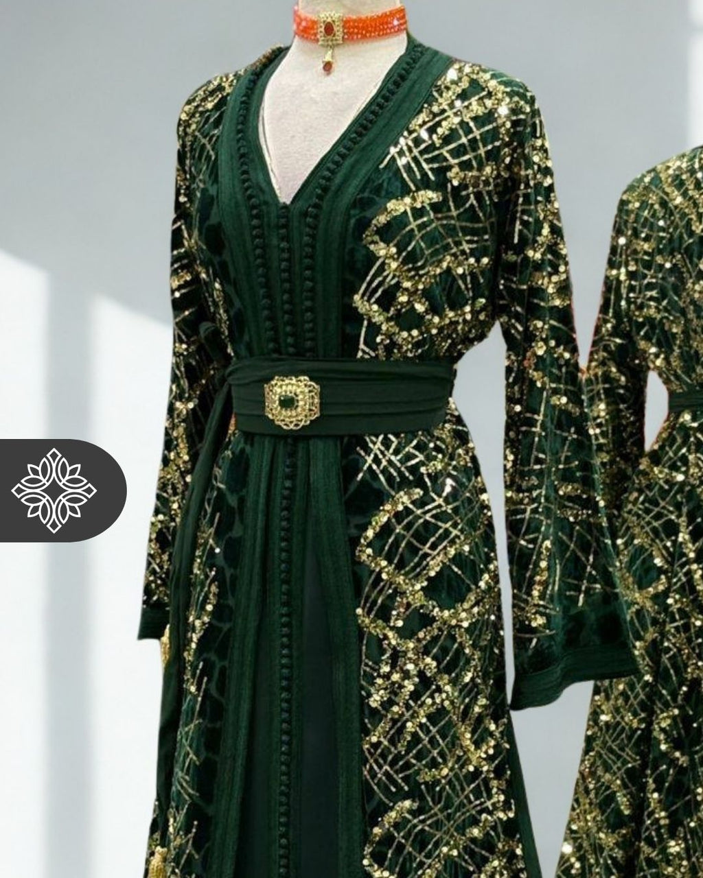 Emerald Green Two-Piece Kaftan | Gold Lattice Embroidery | Moroccan Takchita Couture