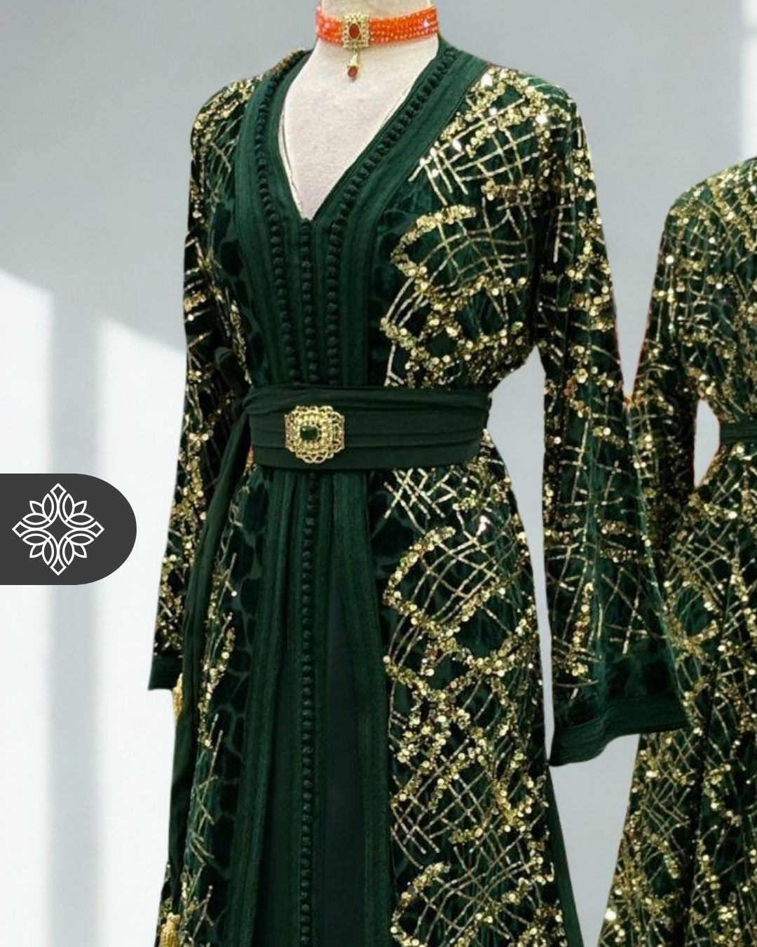 Emerald Green Two-Piece Kaftan | Gold Lattice Embroidery | Moroccan Takchita Couture