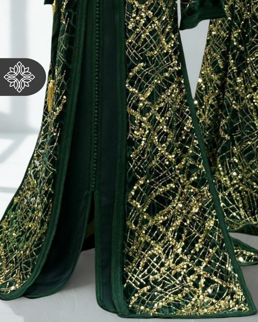 Emerald Green Two-Piece Kaftan | Gold Lattice Embroidery | Moroccan Takchita Couture
