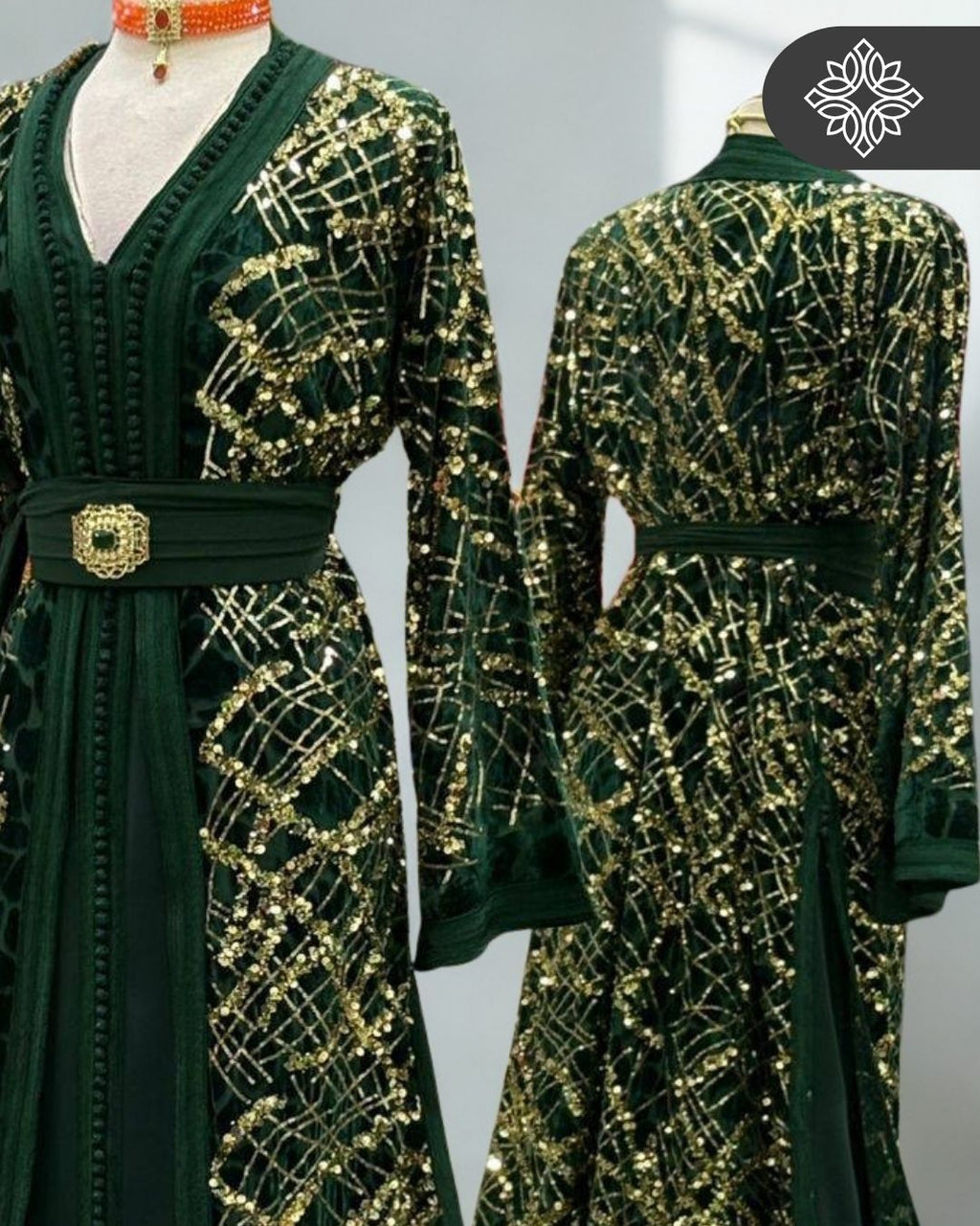 Emerald Green Two-Piece Kaftan | Gold Lattice Embroidery | Moroccan Takchita Couture