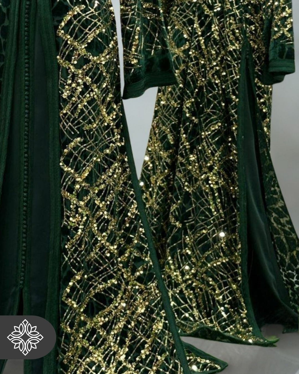 Emerald Green Two-Piece Kaftan | Gold Lattice Embroidery | Moroccan Takchita Couture