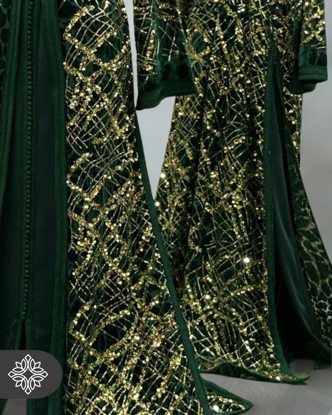 Emerald Green Two-Piece Kaftan | Gold Lattice Embroidery | Moroccan Takchita Couture