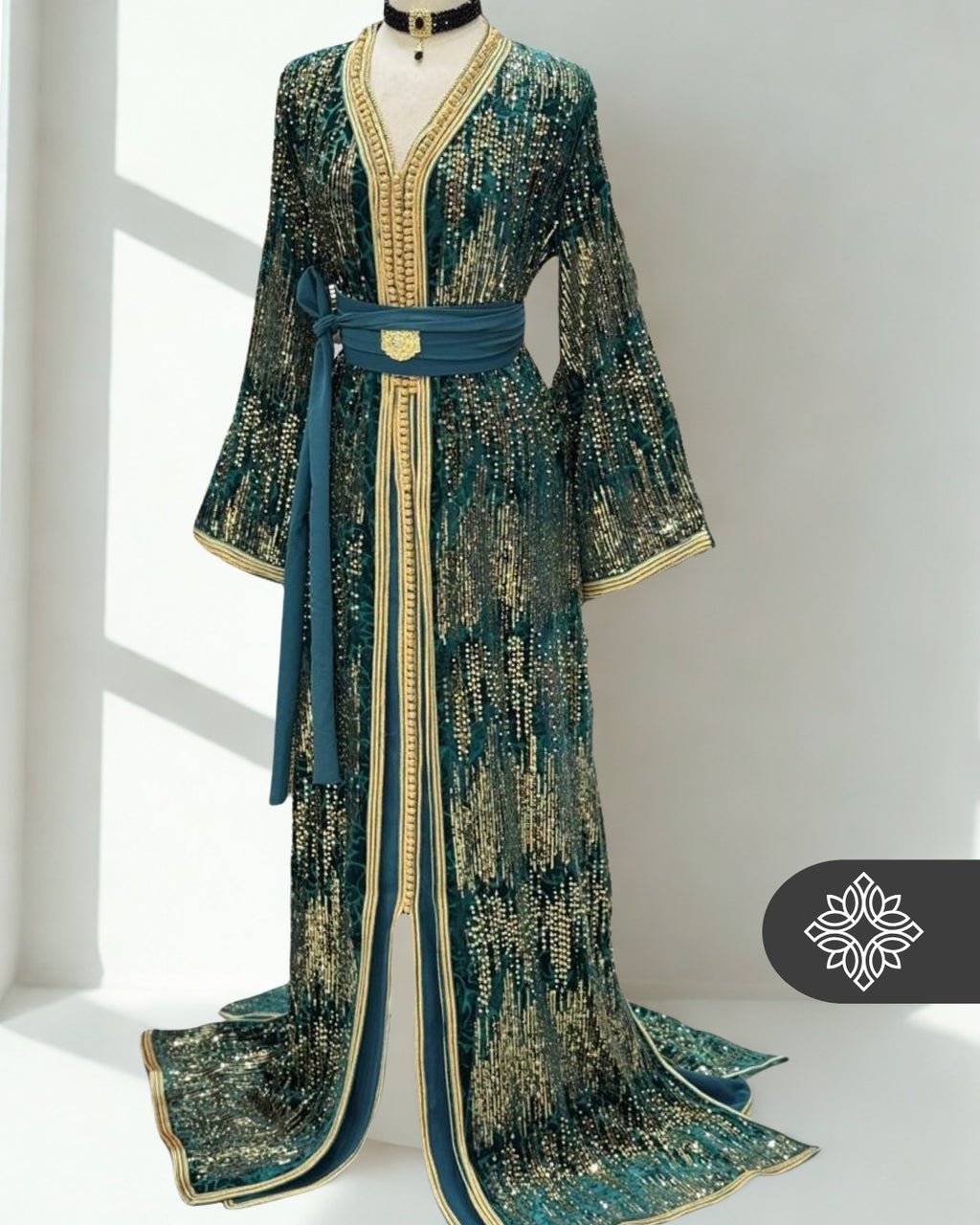 Emerald Green & Gold Sequin Moroccan Kaftan