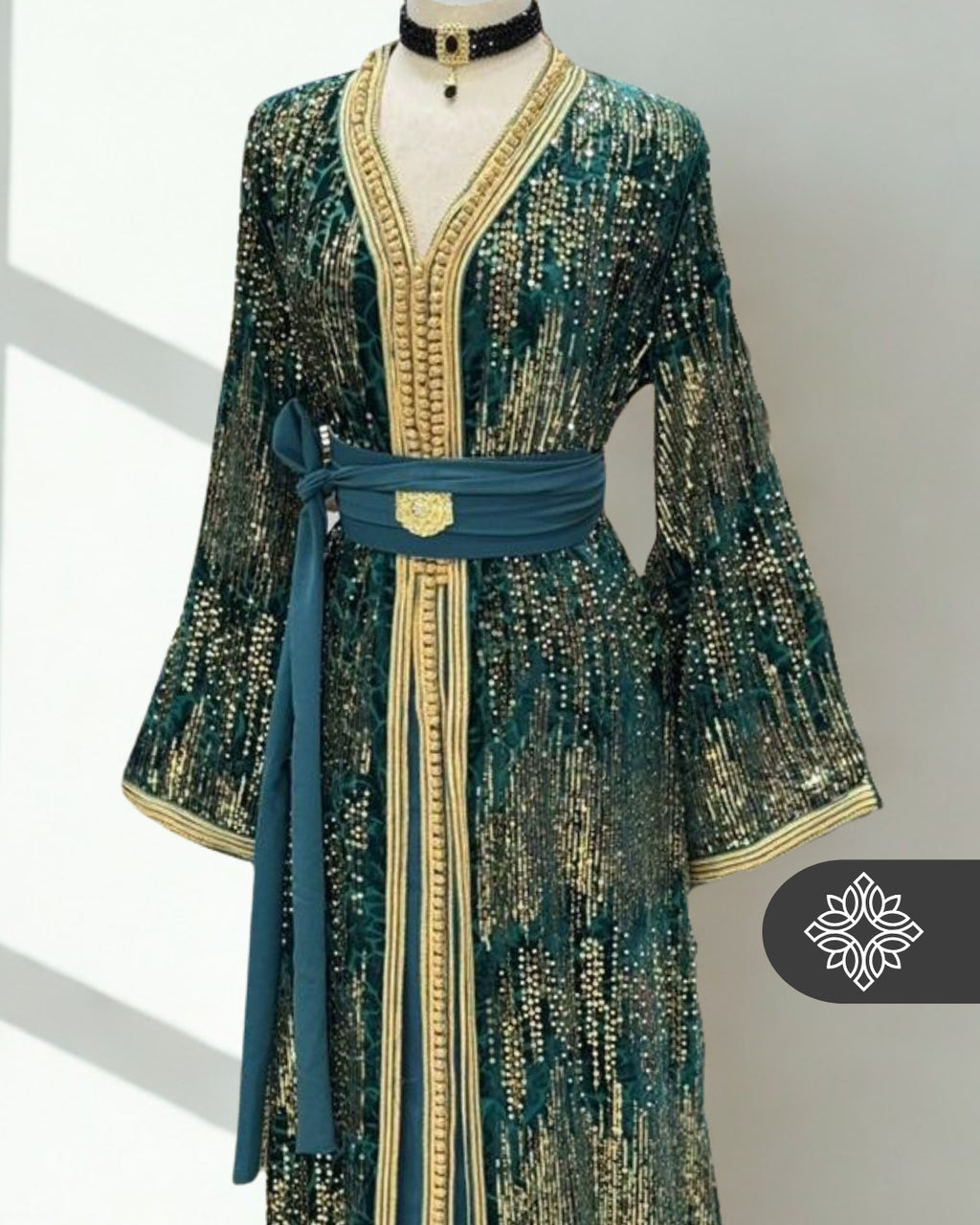 Emerald Green & Gold Sequin Moroccan Kaftan
