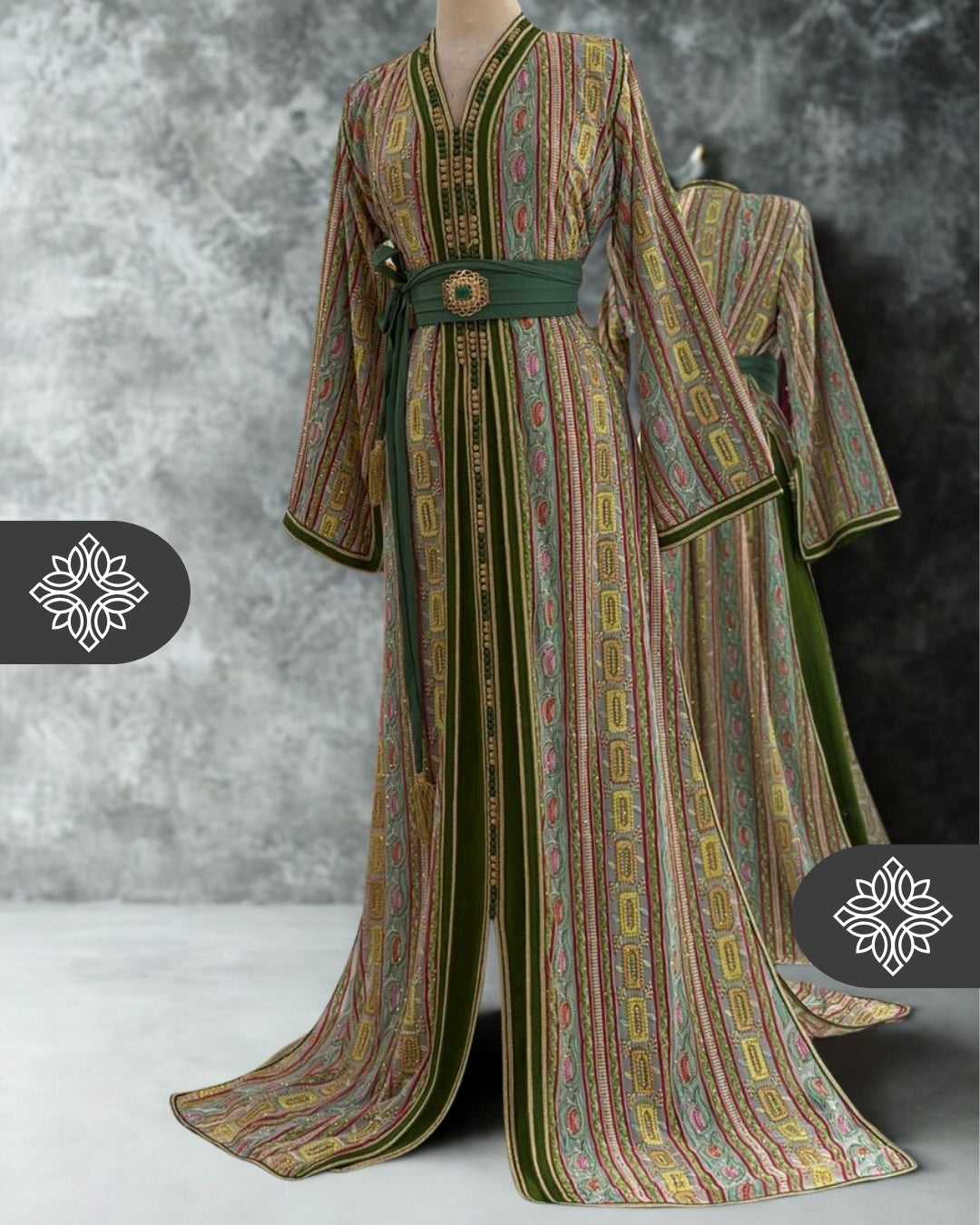 Amethyst Mosaic Moroccan Takshita  Multicolor Silk Embroidery Two-Piece Caftan Dress