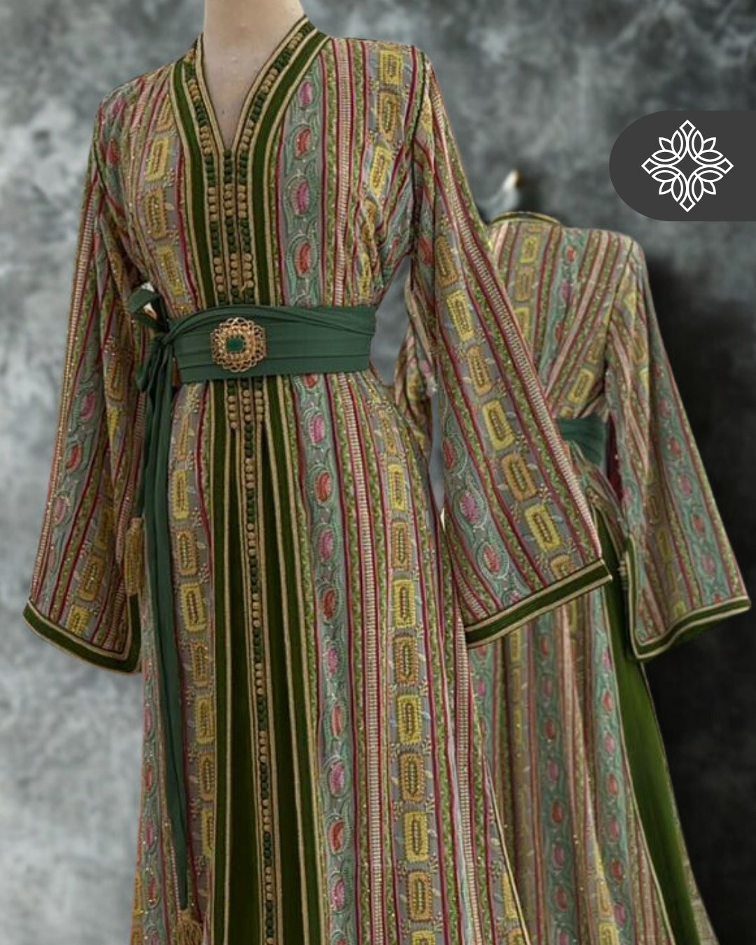 Amethyst Mosaic Moroccan Takshita  Multicolor Silk Embroidery Two-Piece Caftan Dress