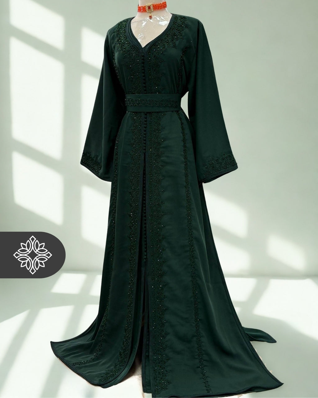 Emerald Prestige Moroccan Takchita | Royal Two-Piece Kaftan | Tonal Luxury Embroidery