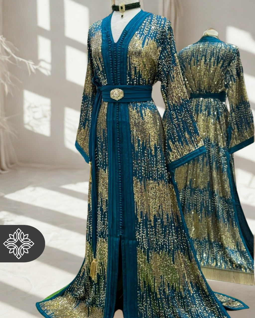 Emerald Teal Moroccan Two-Piece Kaftan | Gold Sequin Embroidery