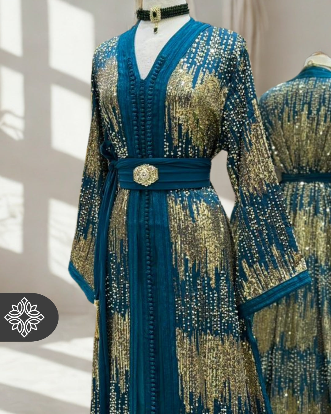 Emerald Teal Moroccan Two-Piece Kaftan | Gold Sequin Embroidery