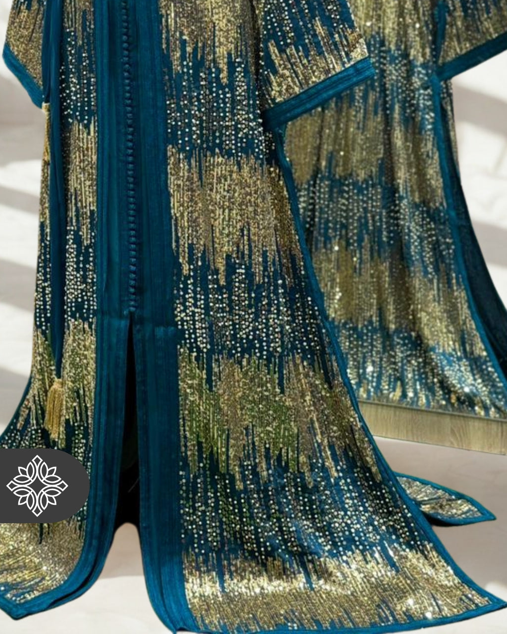 Emerald Teal Moroccan Two-Piece Kaftan | Gold Sequin Embroidery