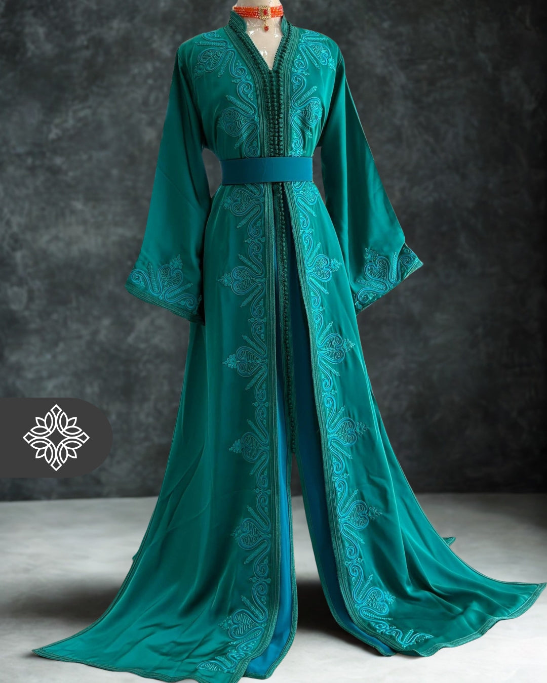 Emerald Turquoise Moroccan Takchita | Luxury Two-Piece Kaftan | Tonal Hand Embroidery