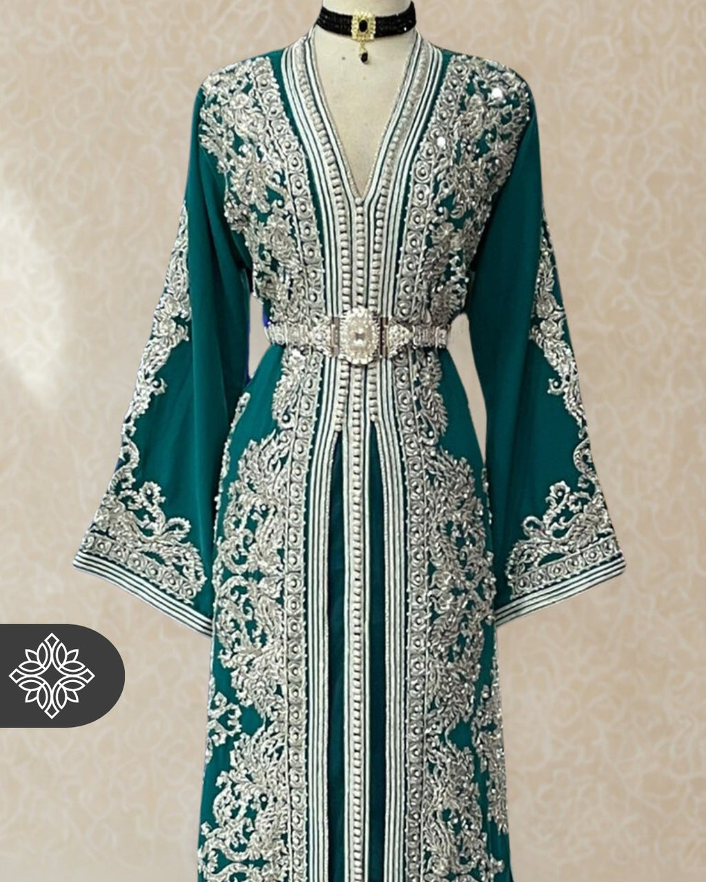 Two-Piece Moroccan Kaftan Emerald Green/Turquoise & Silver