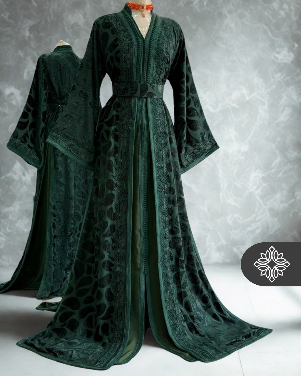 Emerald Green Moroccan Takchita | Tonal Embroidery Velvet Pattern | Lu ...