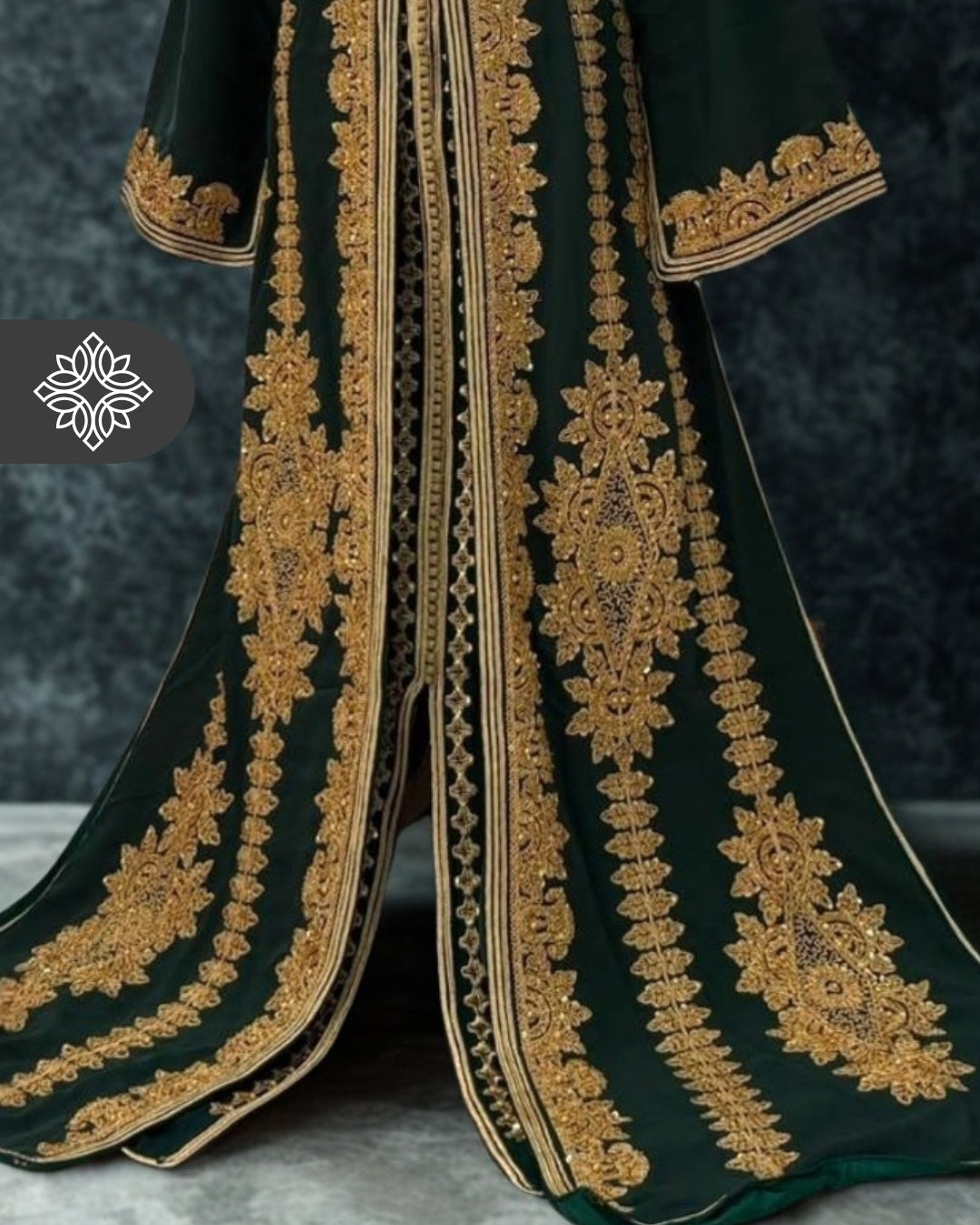 Exclusive Emerald Green Moroccan Takchita | Luxury Two-Piece Kaftan | Golden Hand Embroidery