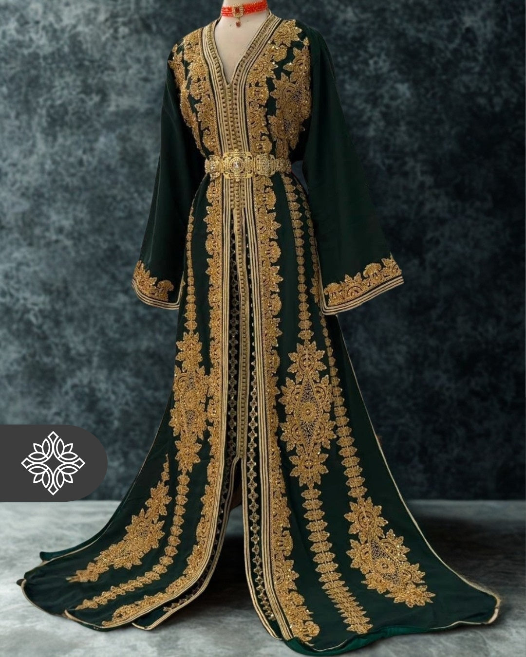 Exclusive Emerald Green Moroccan Takchita | Luxury Two-Piece Kaftan | Golden Hand Embroidery