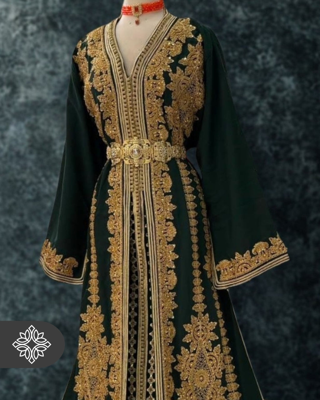 Exclusive Emerald Green Moroccan Takchita | Luxury Two-Piece Kaftan | Golden Hand Embroidery