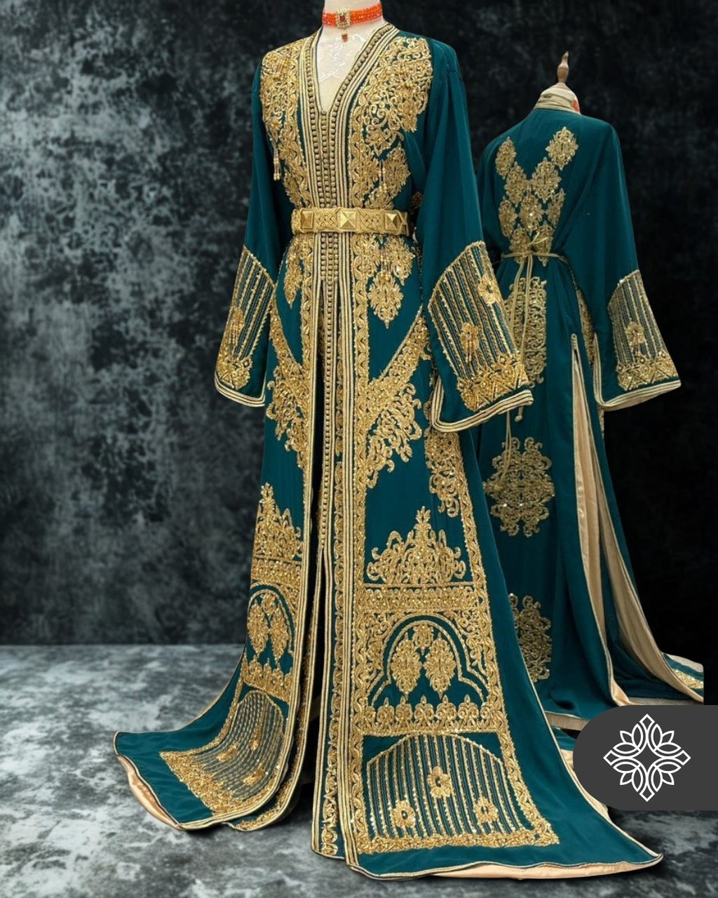 Exclusive Teal Moroccan Takchita | Luxury Two-Piece Kaftan | Golden Tonal Embroidery