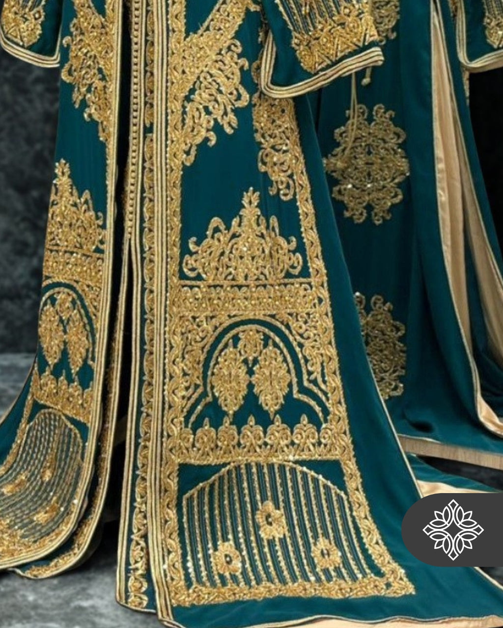 Exclusive Teal Moroccan Takchita | Luxury Two-Piece Kaftan | Golden Tonal Embroidery