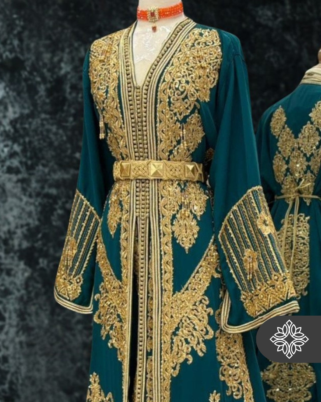 Exclusive Teal Moroccan Takchita | Luxury Two-Piece Kaftan | Golden Tonal Embroidery