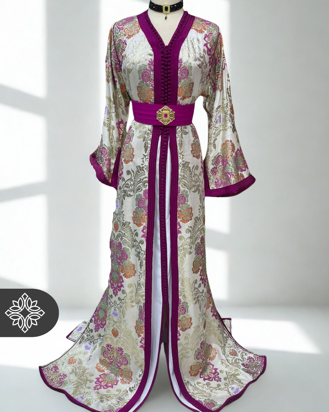 Floral Moroccan Kaftan with Pink Accents