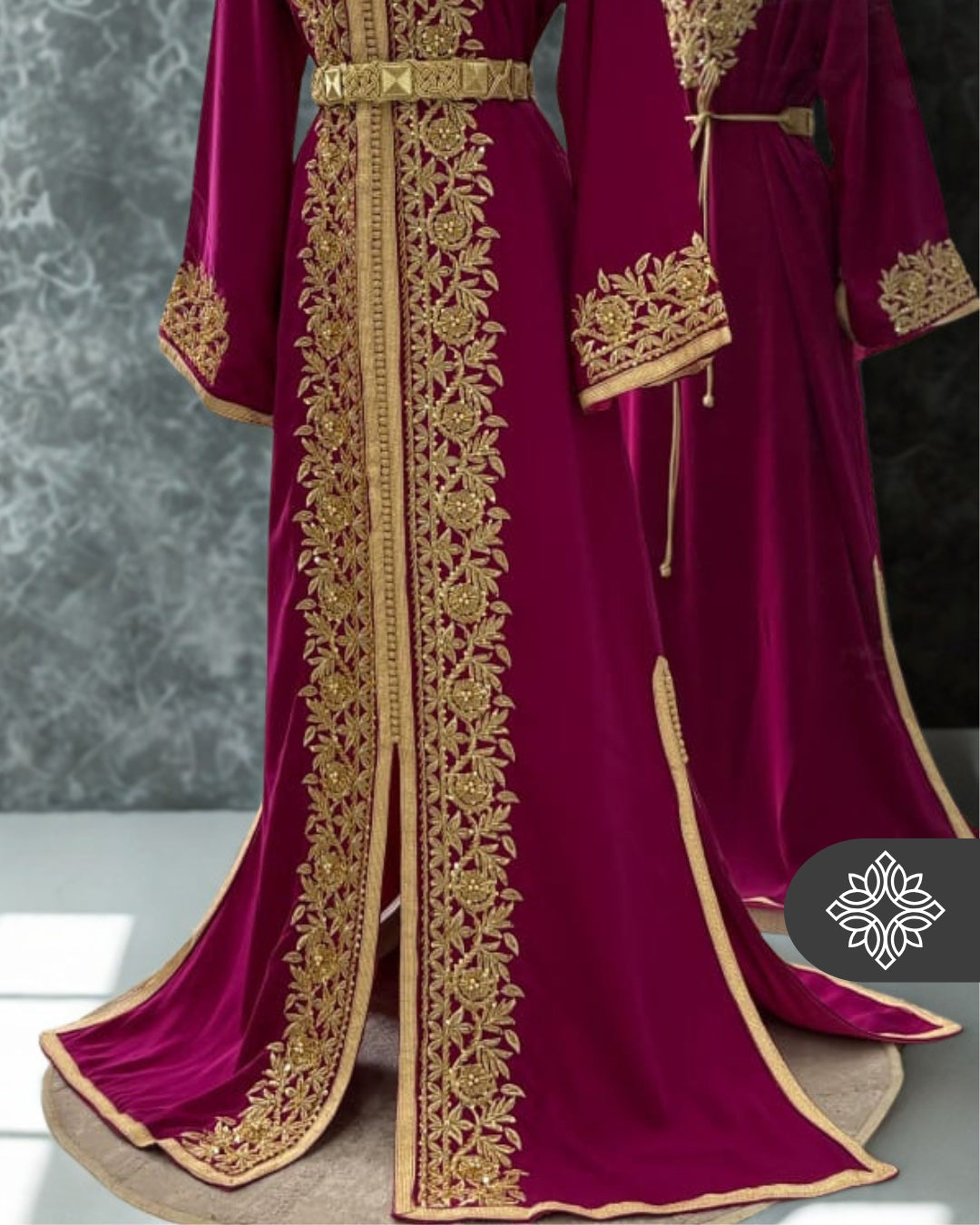 Pink Fuchsia Moroccan Kaftan | Luxury One-Piece Kaftan | Golden Tonal Embroidery