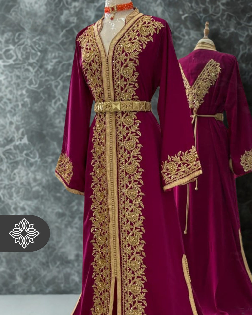 Pink Fuchsia Moroccan Kaftan | Luxury One-Piece Kaftan | Golden Tonal Embroidery