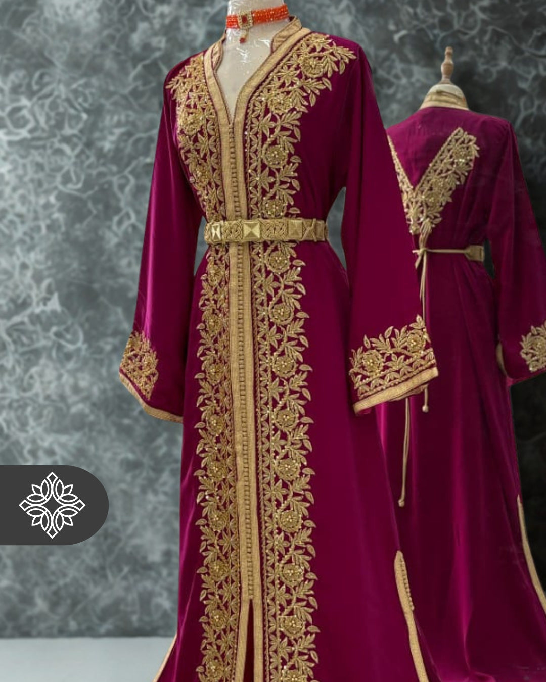 Pink Fuchsia Moroccan Kaftan | Luxury One-Piece Kaftan | Golden Tonal Embroidery
