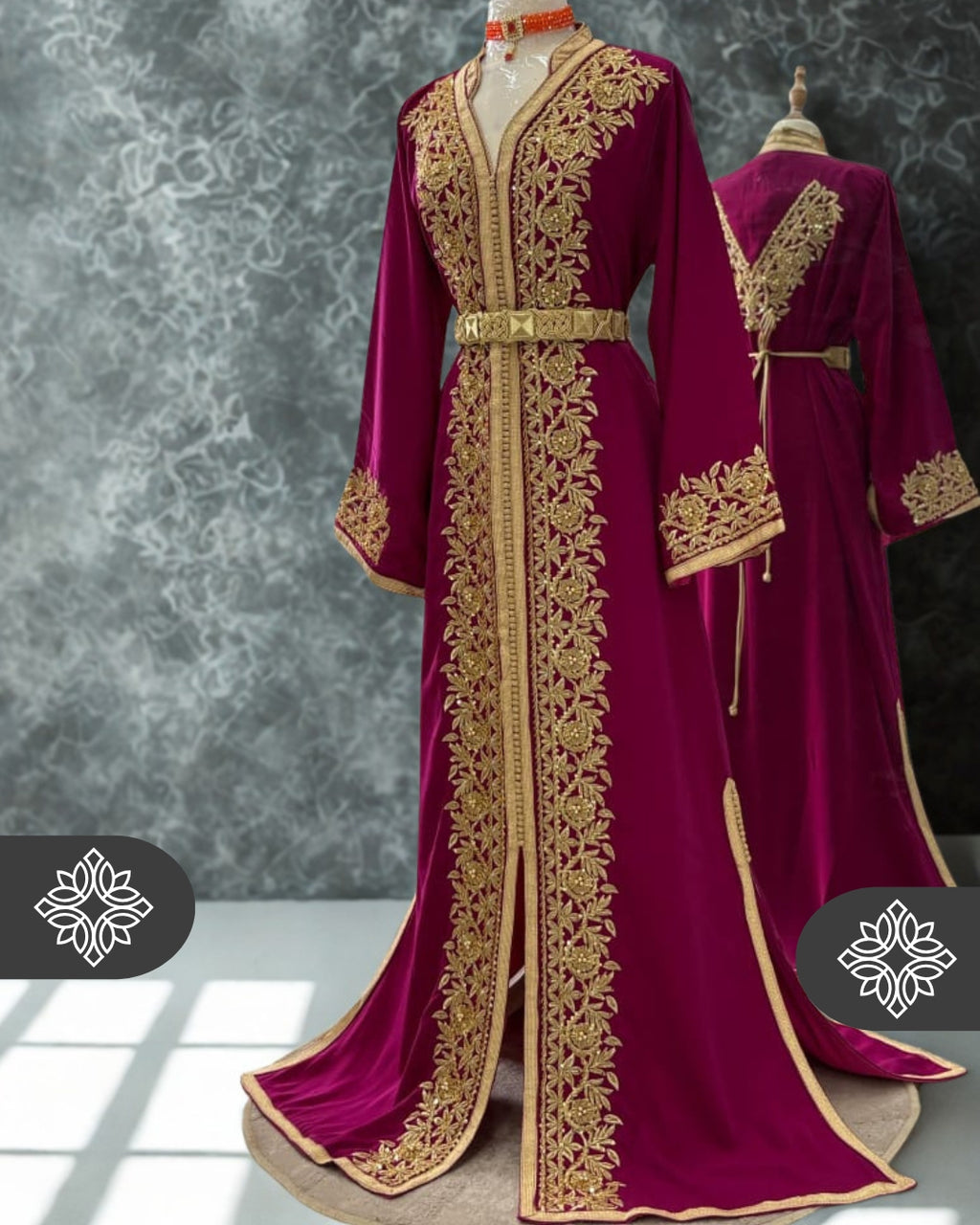 Pink Fuchsia Moroccan Kaftan | Luxury One-Piece Kaftan | Golden Tonal Embroidery