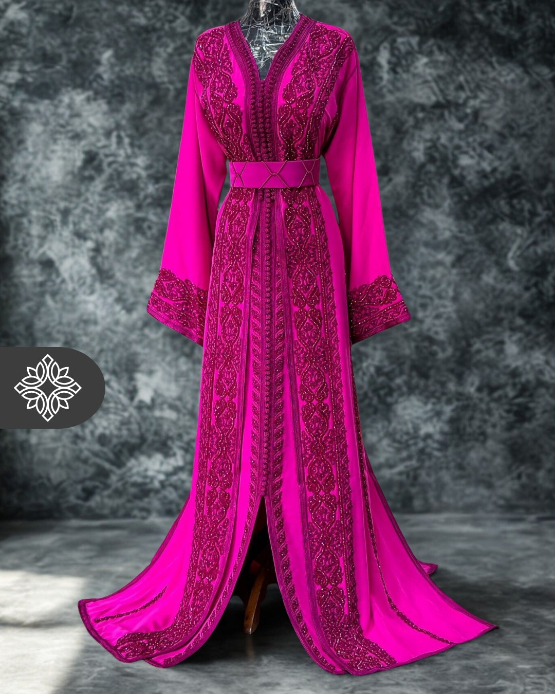 Royal Black Moroccan Takchita | Luxury Couture Two-Piece Kaftan | Tonal Embroidery & Stone Detailing