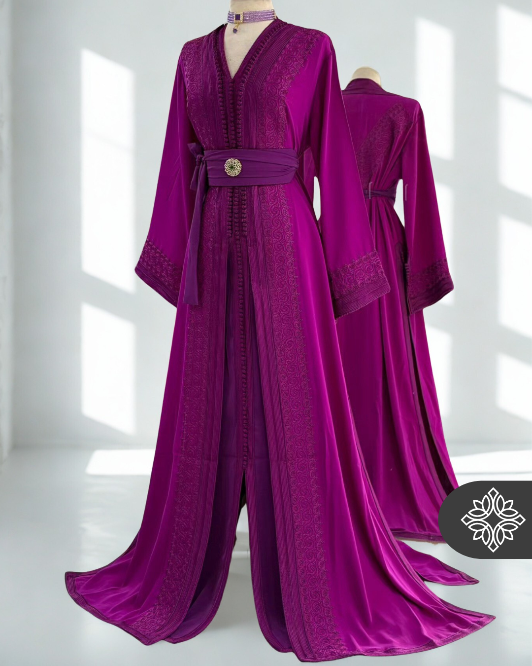 Beige Moroccan Two-Piece Kaftan | Tonal Embroidery | Refined Luxury Takchita