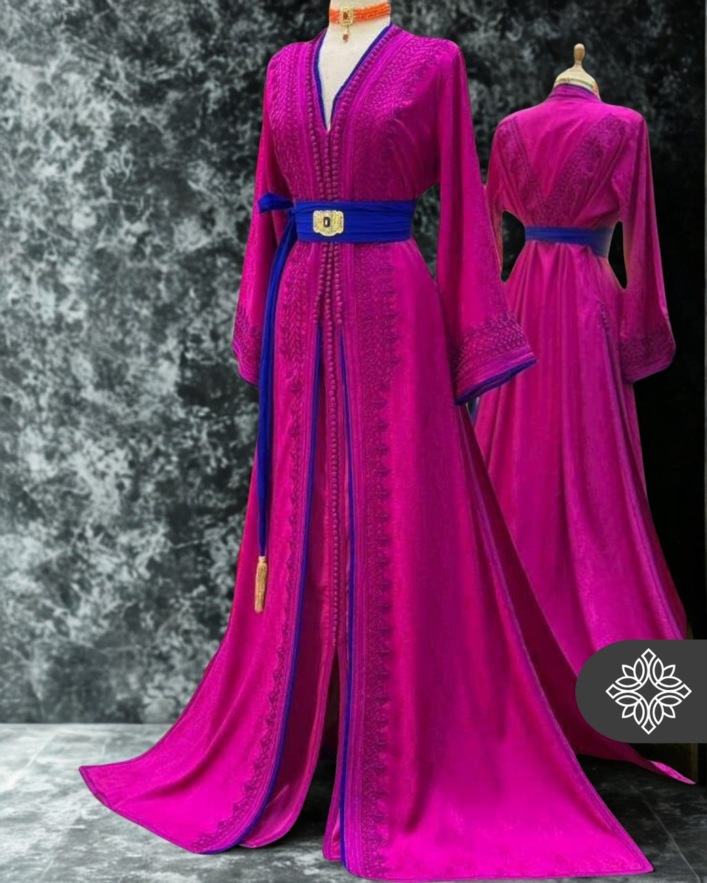 Fuchsia Pink Moroccan Takchita | Luxury Two-Piece Kaftan | Tonal Embroidery with Royal Blue Finishing