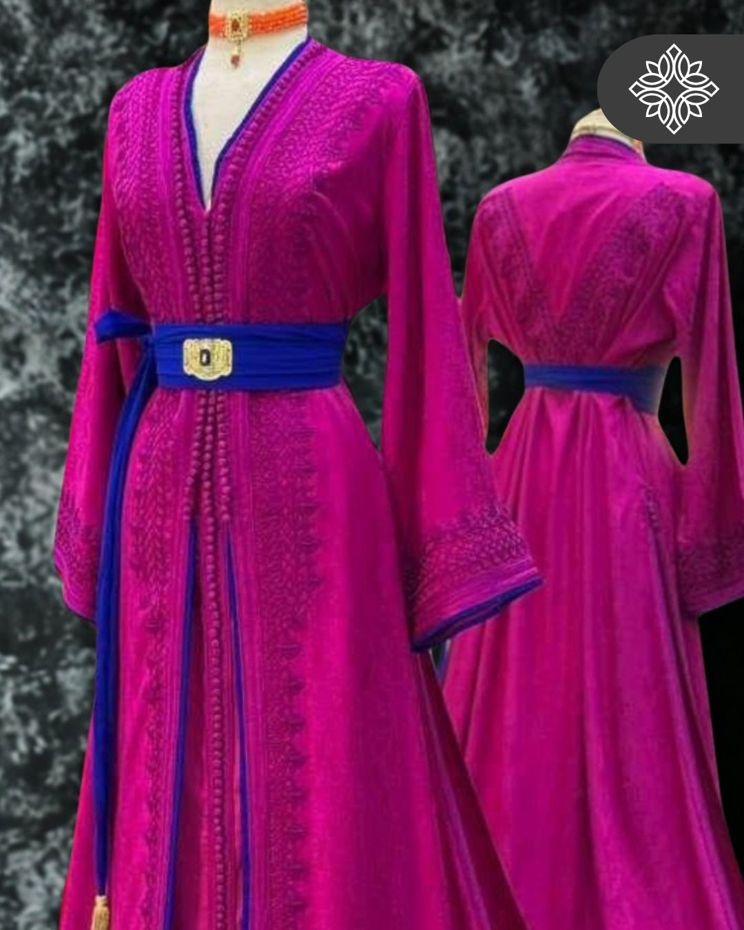 Fuchsia Pink Moroccan Takchita | Luxury Two-Piece Kaftan | Tonal Embroidery with Royal Blue Finishing