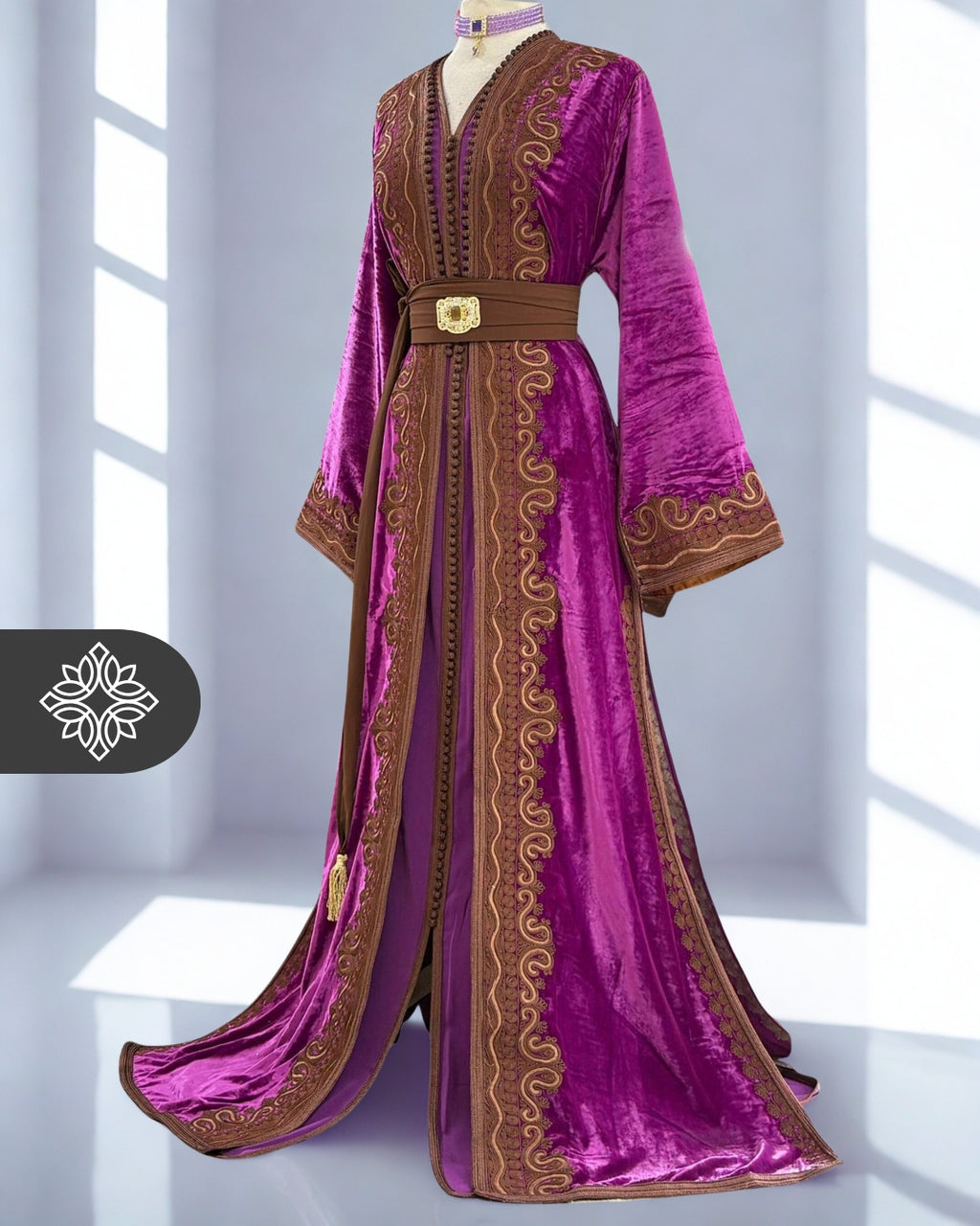 Fuchsia Pink Moroccan Two-Piece Kaftan | Brown Tonal Embroidery | Elegant Takchita