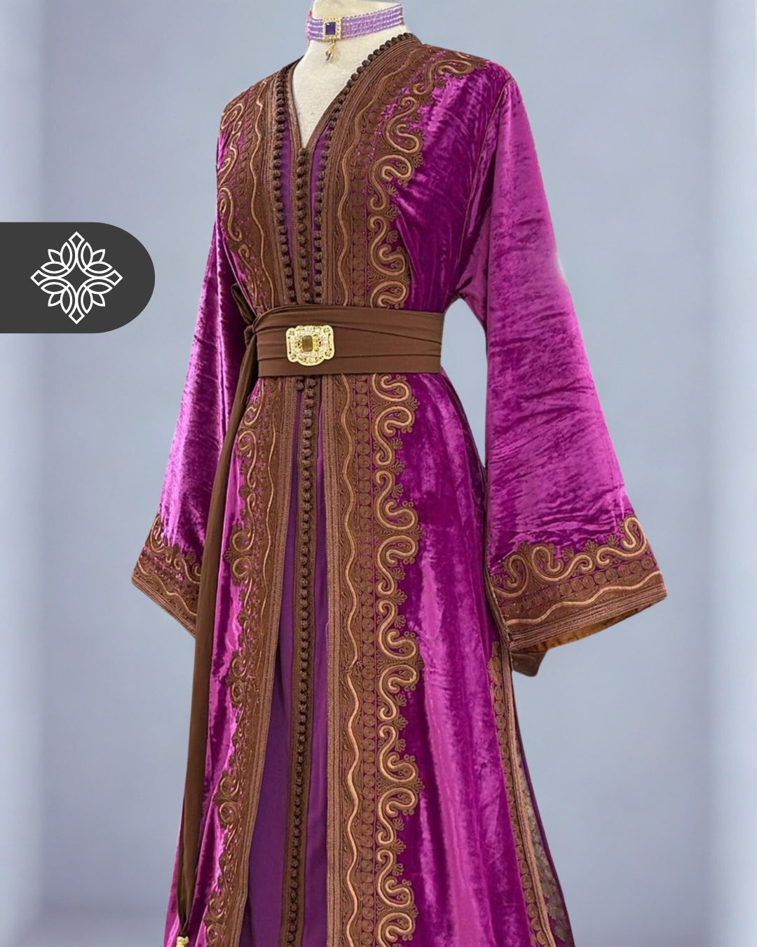 Fuchsia Pink Moroccan Two-Piece Kaftan | Brown Tonal Embroidery | Elegant Takchita