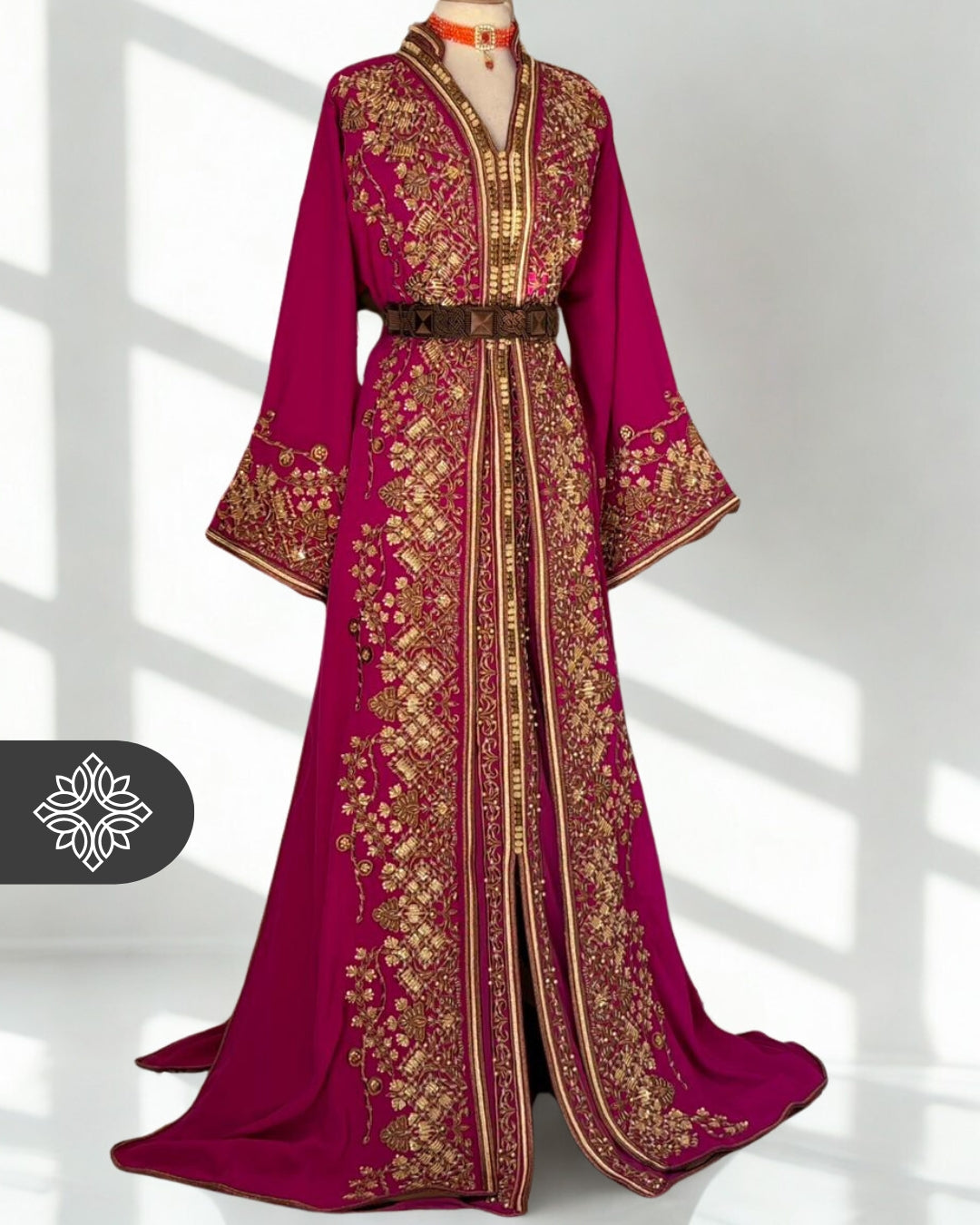 Fuchsia Moroccan Takchita | Luxury Velvet Two-Piece Kaftan | Golden Embroidery & Natural Stones