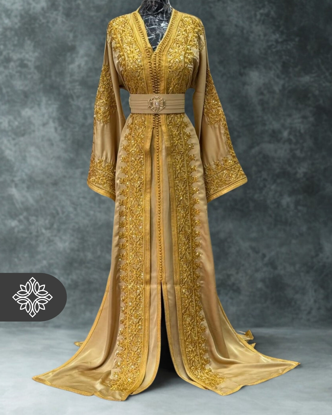 Golden Mustard Moroccan Takchita | Royal Tonal Embroidery with Stones | Luxury Two-Piece Kaftan