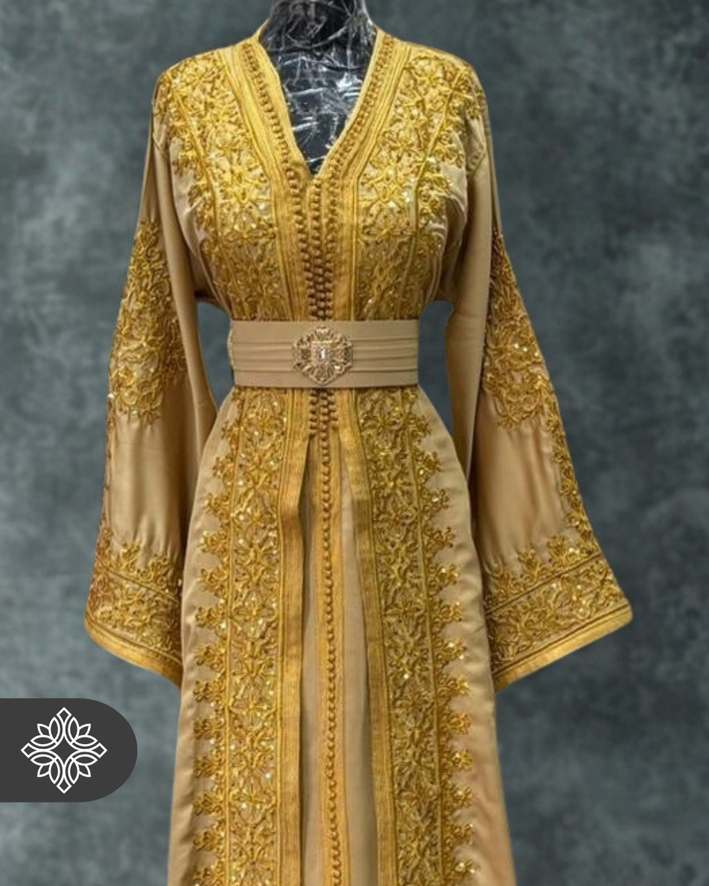 Golden Mustard Moroccan Takchita | Royal Tonal Embroidery with Stones | Luxury Two-Piece Kaftan