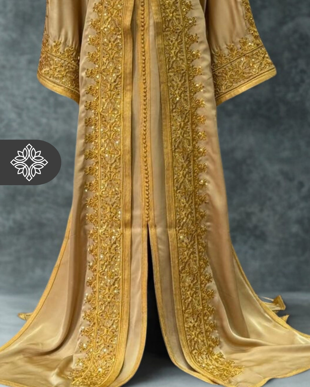 Golden Mustard Moroccan Takchita | Royal Tonal Embroidery with Stones | Luxury Two-Piece Kaftan