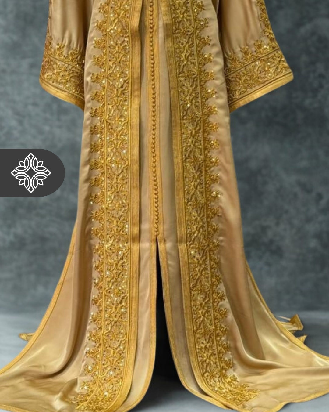 Golden Mustard Moroccan Takchita | Royal Tonal Embroidery with Stones | Luxury Two-Piece Kaftan