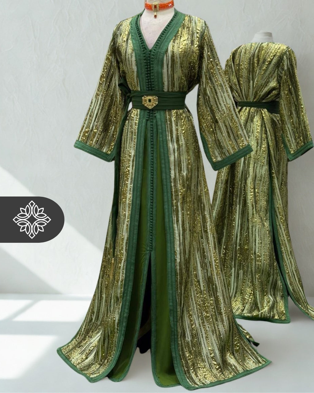Golden Forest Moroccan Two-Piece Kaftan | Luxe Gold Sequin Embroidery
