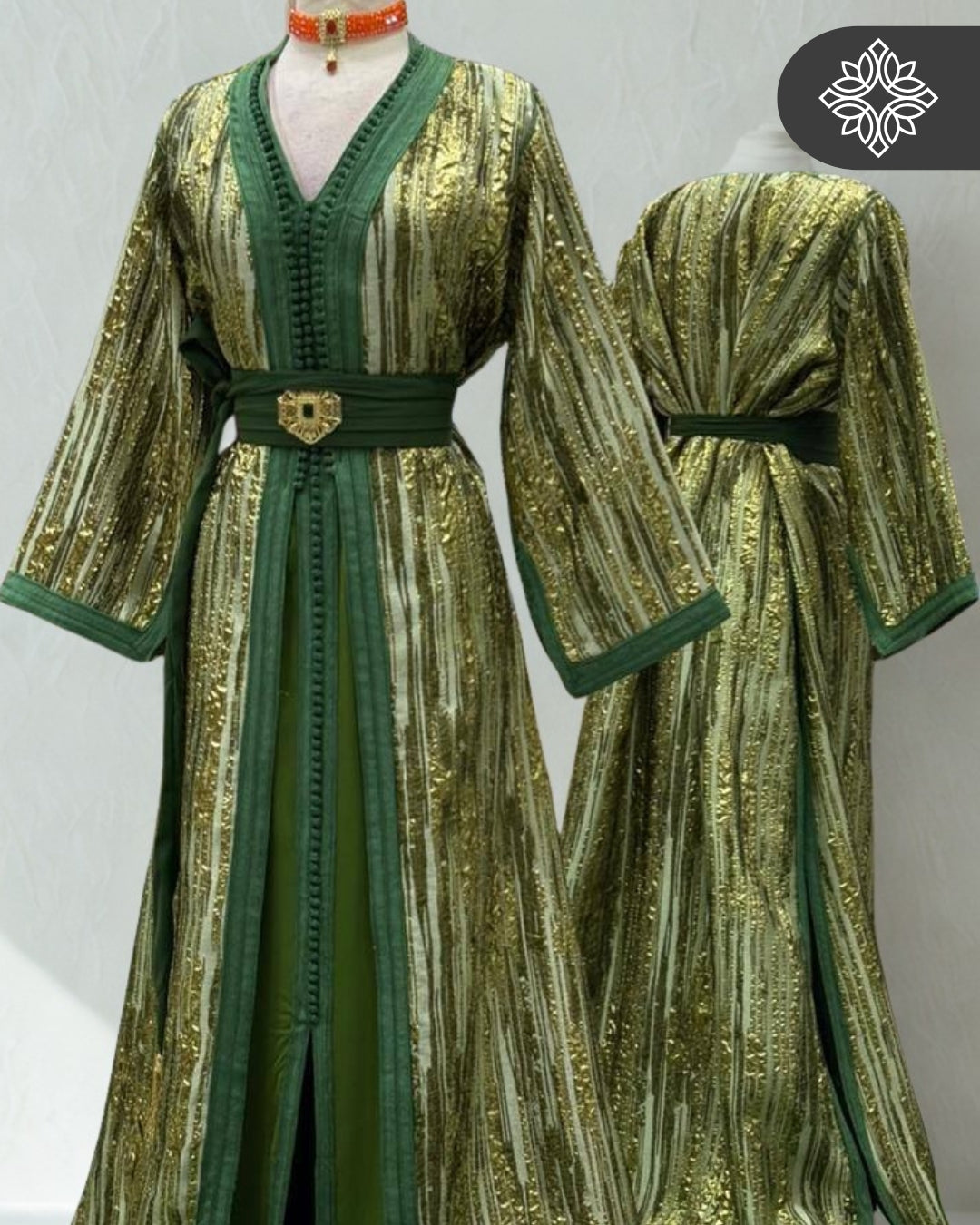 Golden Forest Moroccan Two-Piece Kaftan | Luxe Gold Sequin Embroidery