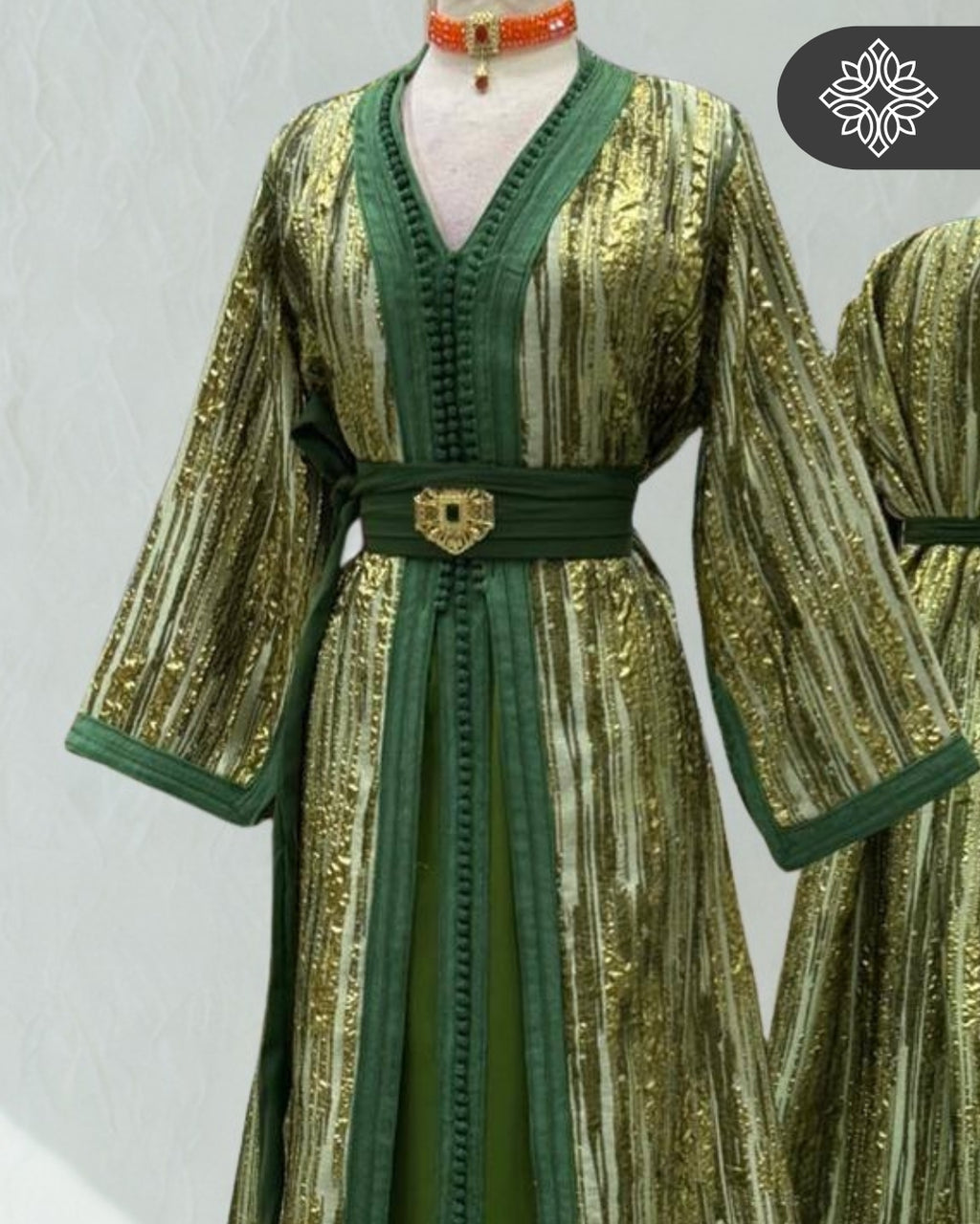 Golden Forest Moroccan Two-Piece Kaftan | Luxe Gold Sequin Embroidery