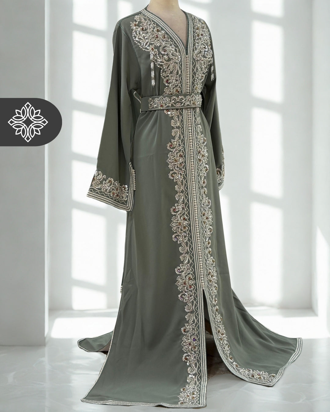 Baby Blue One-Piece Kaftan | Luxury Silver Embroidery & Beads | Moroccan Caftan Dress