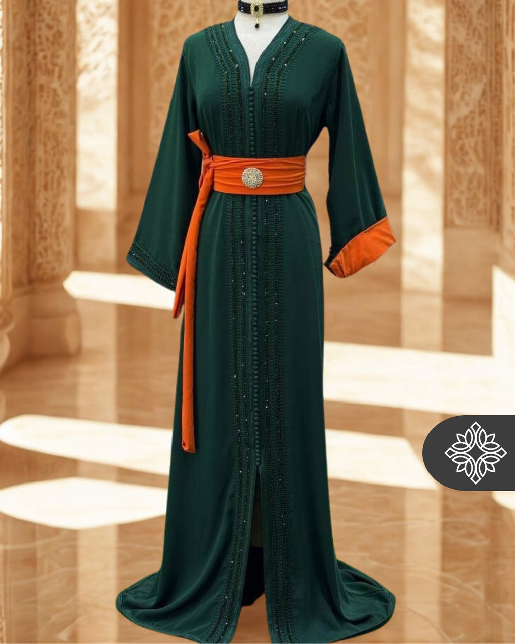 Moroccan Royal Green Kaftan with Orange Belt