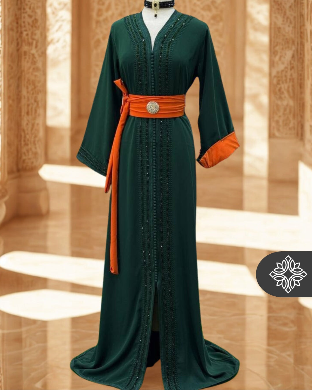 Moroccan Royal Green Kaftan with Orange Belt